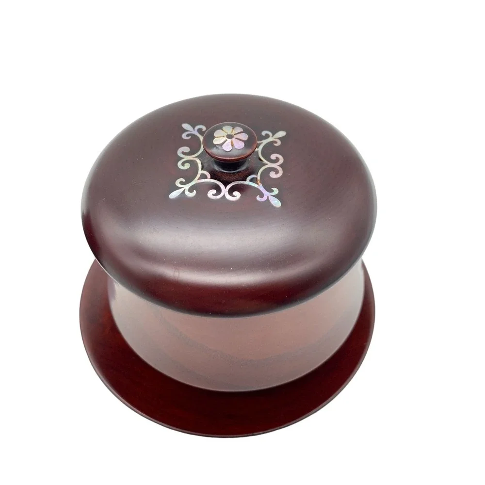 Wooden lidded vanity trinket dish jar Mother of pearl inlay mahogany turned poli